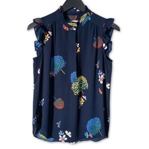 Loft Sleeveless Blouse Womens XS Blue Floral Top Ruffle Shirt Hummingbird Print